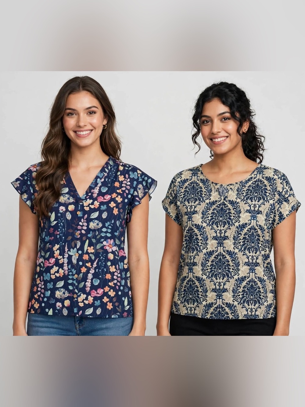 SHEIN Navy Floral V-Neck Short Sleeve Top